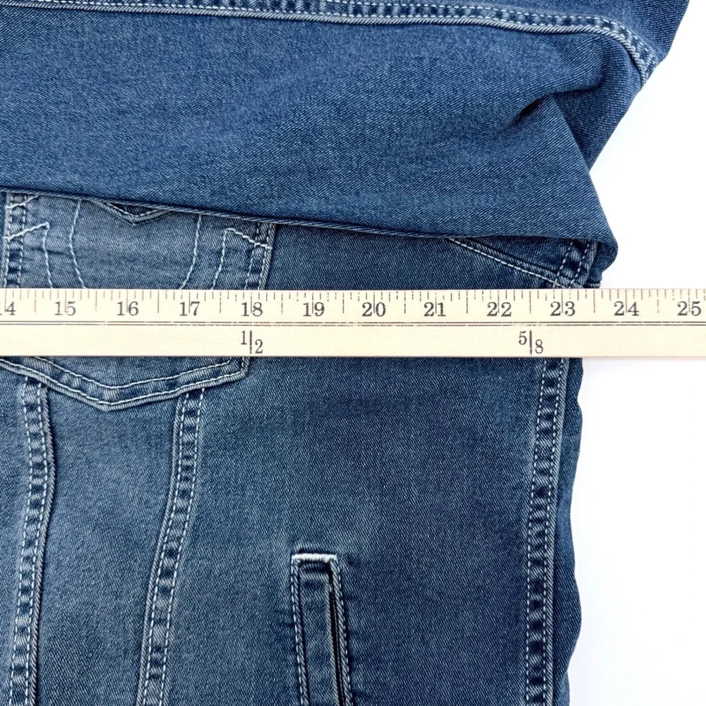 True Religion Denim Trucker Jacket Mens L Blue Excellent Stretch Horseshoe‎ Logo